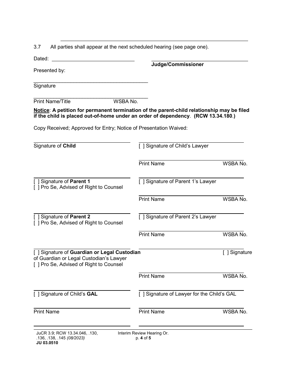 Form JU03.0510 Interim Review Hearing Order (Orirh) - Washington, Page 4