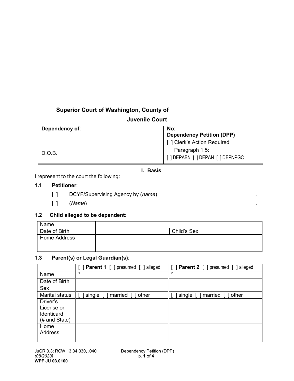 Form WPF JU03.0100 Dependency Petition (Dpp) - Washington, Page 1
