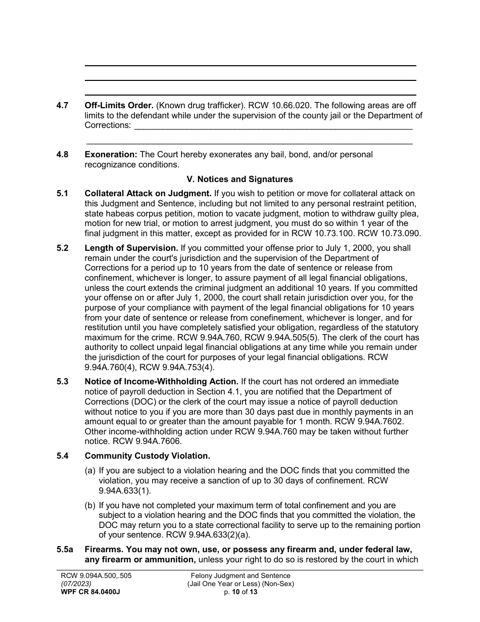 Form WPF CR84.0400J Felony Judgment and Sentence - Jail One Year or Less (Non Sex) (Fjs / Rjs) - Washington, Page 10