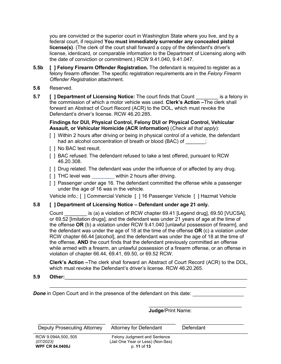 Form WPF CR84.0400J Felony Judgment and Sentence - Jail One Year or Less (Non Sex) (Fjs / Rjs) - Washington, Page 11