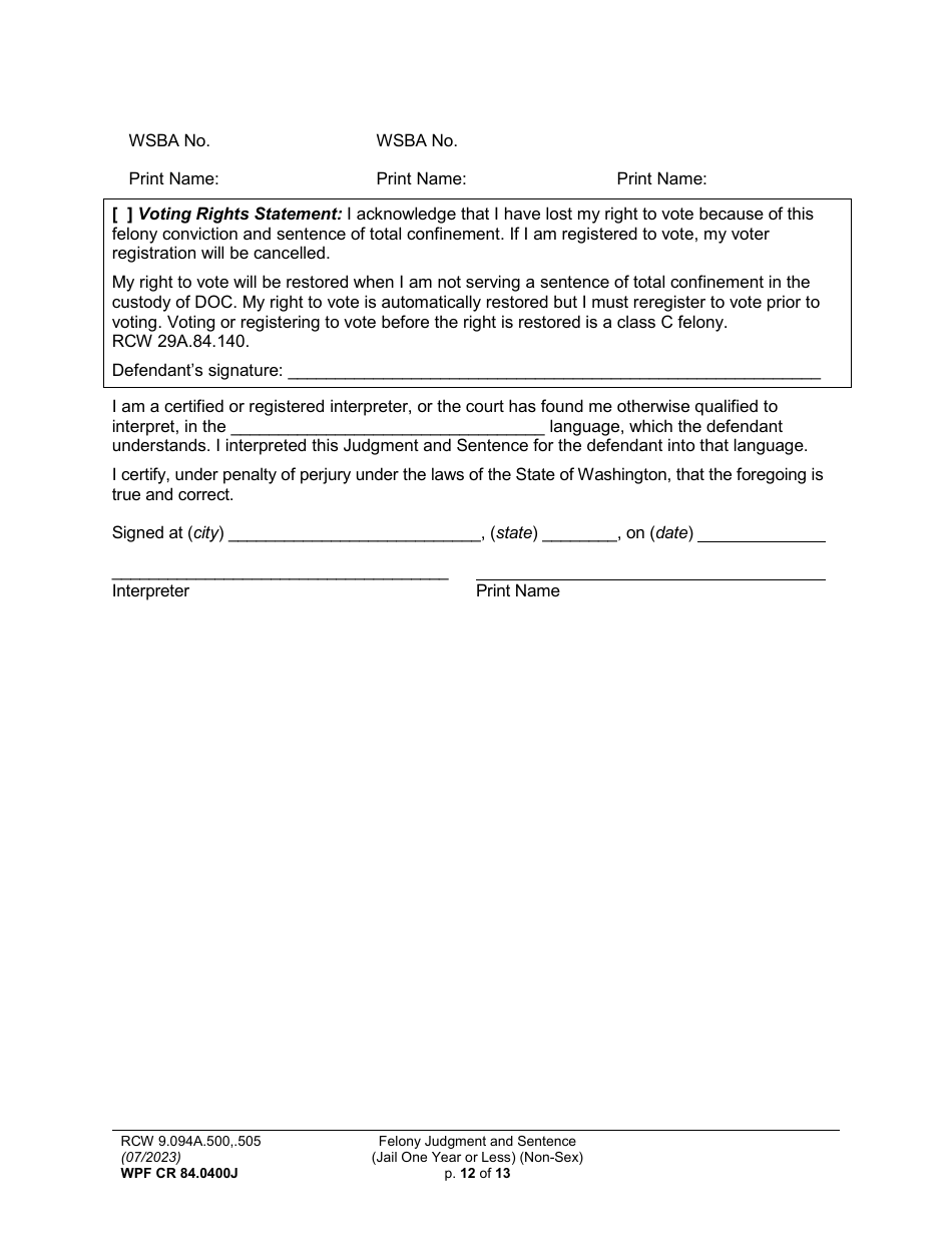 Form WPF CR84.0400J Felony Judgment and Sentence - Jail One Year or Less (Non Sex) (Fjs / Rjs) - Washington, Page 12