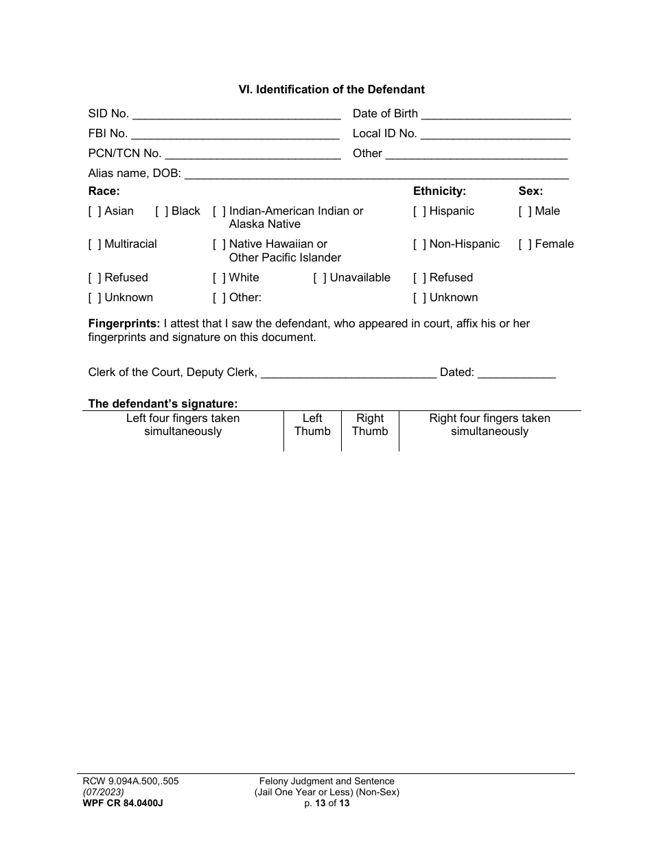 Form WPF CR84.0400J Felony Judgment and Sentence - Jail One Year or Less (Non Sex) (Fjs / Rjs) - Washington, Page 13