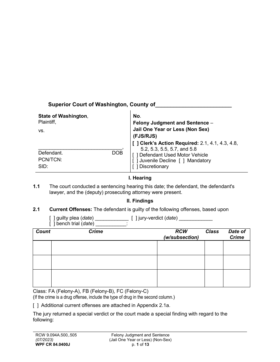 Form WPF CR84.0400J Felony Judgment and Sentence - Jail One Year or Less (Non Sex) (Fjs / Rjs) - Washington, Page 1