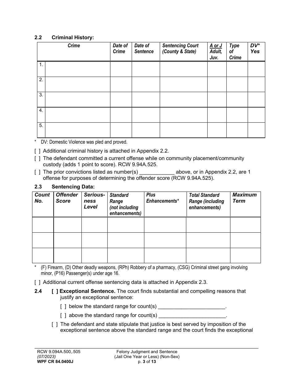 Form WPF CR84.0400J Felony Judgment and Sentence - Jail One Year or Less (Non Sex) (Fjs / Rjs) - Washington, Page 3