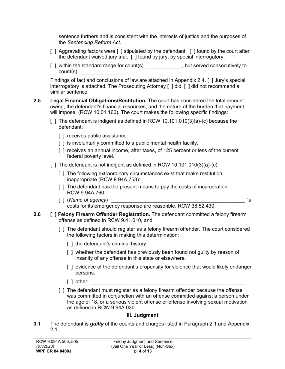 Form WPF CR84.0400J Felony Judgment and Sentence - Jail One Year or Less (Non Sex) (Fjs / Rjs) - Washington, Page 4