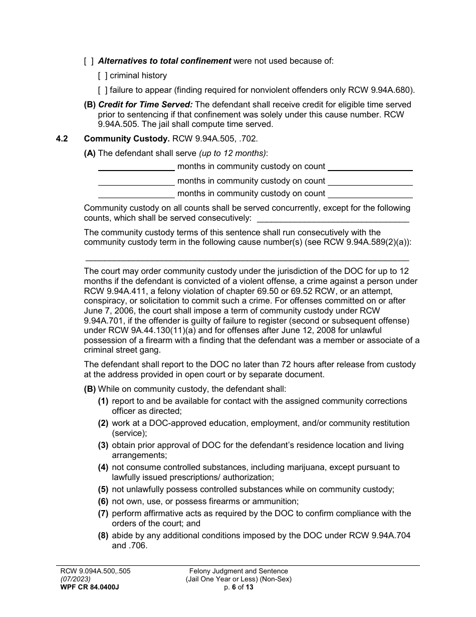 Form WPF CR84.0400J Felony Judgment and Sentence - Jail One Year or Less (Non Sex) (Fjs / Rjs) - Washington, Page 6