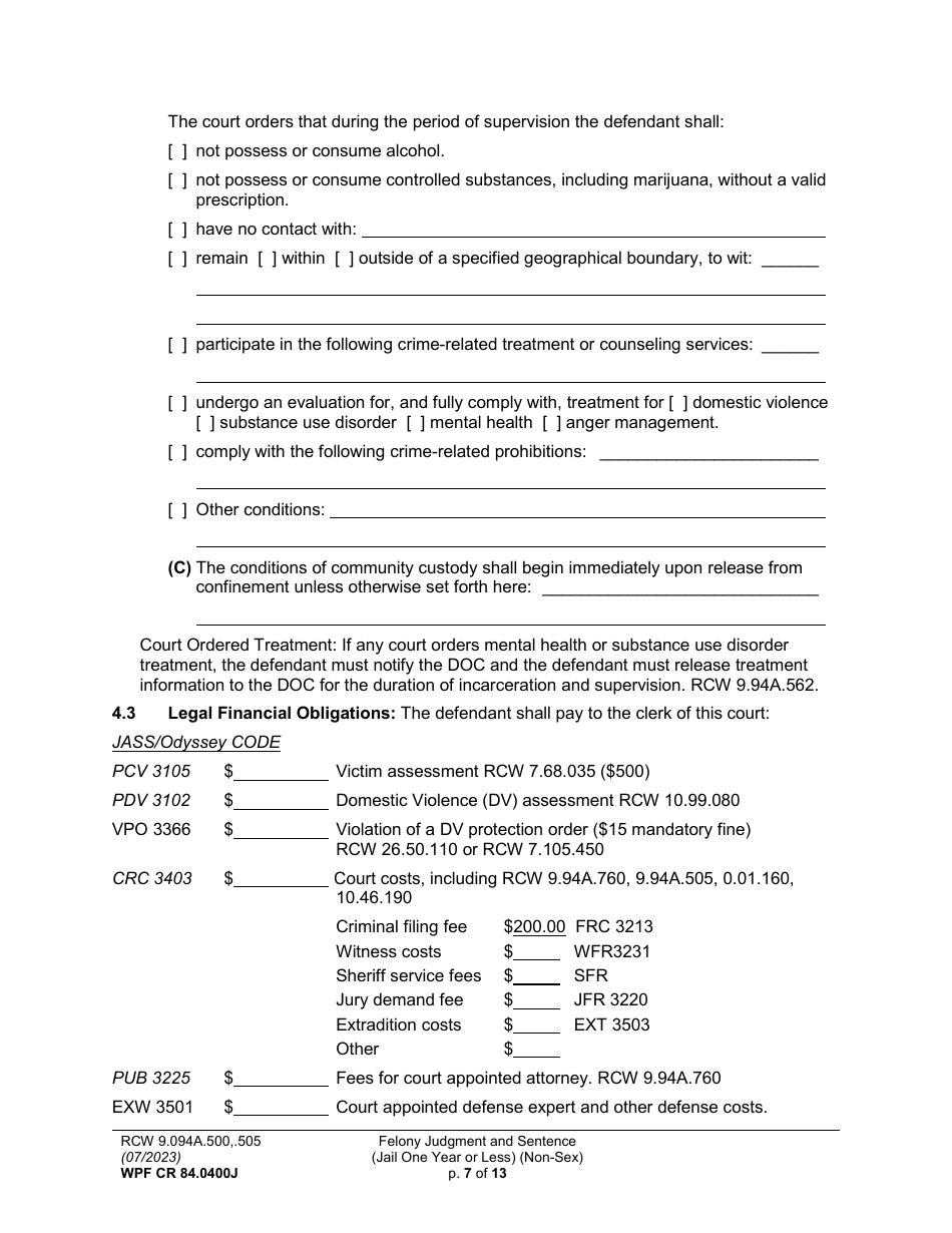 Form WPF CR84.0400J Felony Judgment and Sentence - Jail One Year or Less (Non Sex) (Fjs / Rjs) - Washington, Page 7