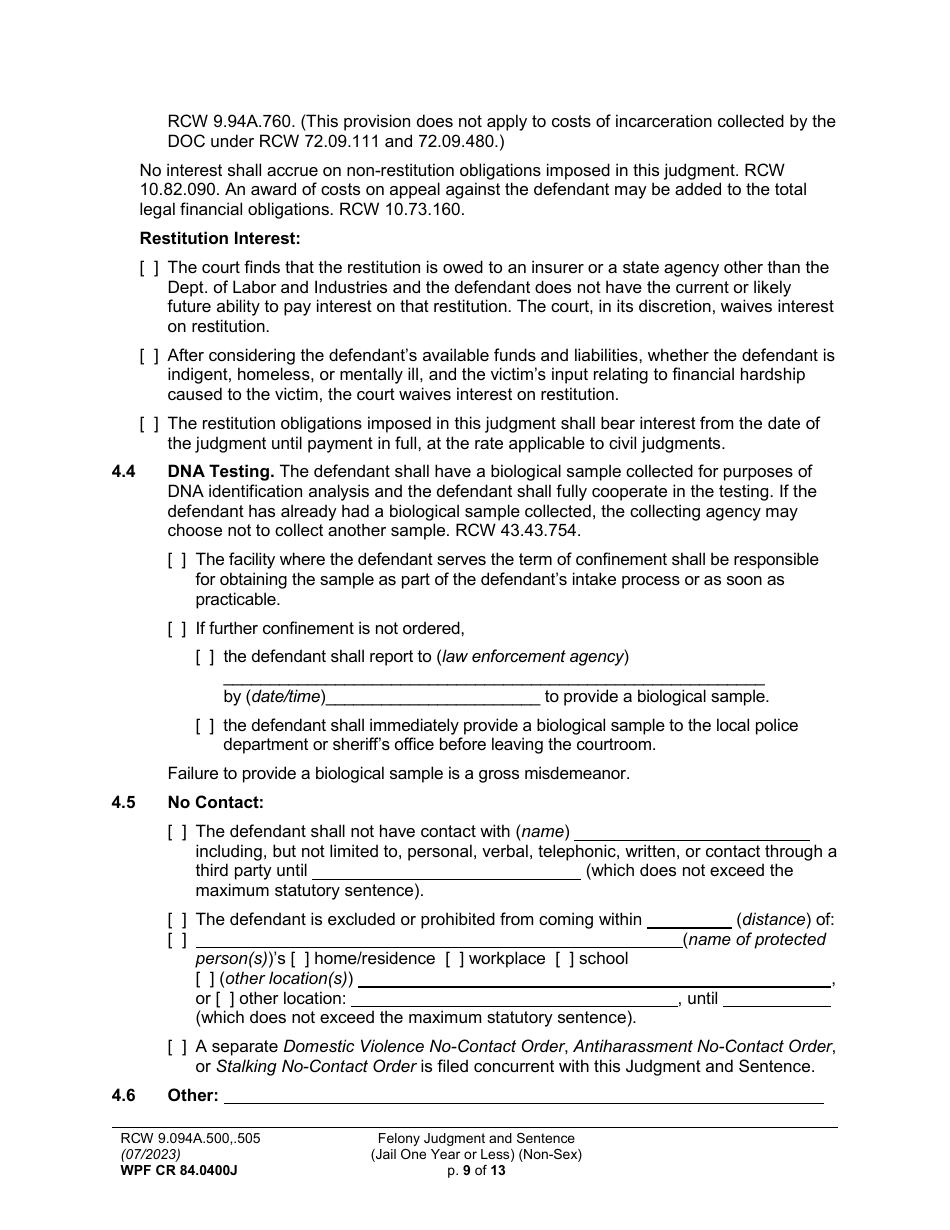 Form WPF CR84.0400J Felony Judgment and Sentence - Jail One Year or Less (Non Sex) (Fjs / Rjs) - Washington, Page 9