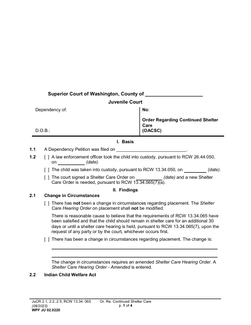 Form WPF JU02.0220 Order Regarding Continued Shelter Care (Oacsc) - Washington