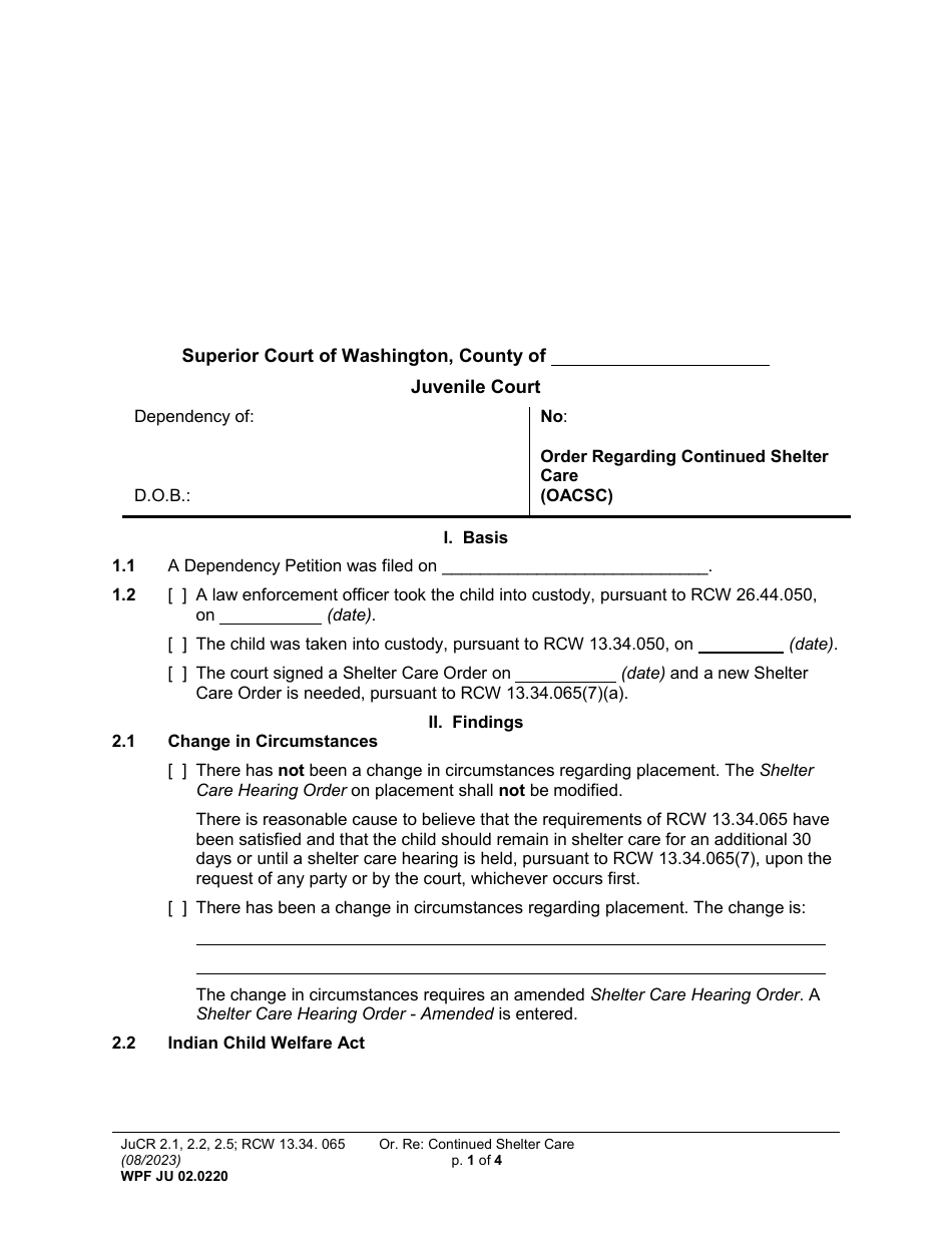 Form WPF JU02.0220 Order Regarding Continued Shelter Care (Oacsc) - Washington, Page 1
