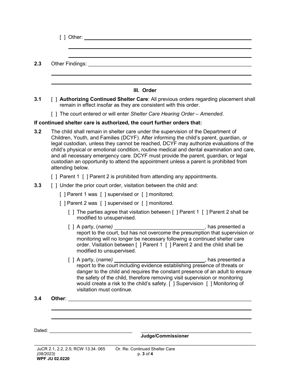 Form WPF JU02.0220 Order Regarding Continued Shelter Care (Oacsc) - Washington, Page 3