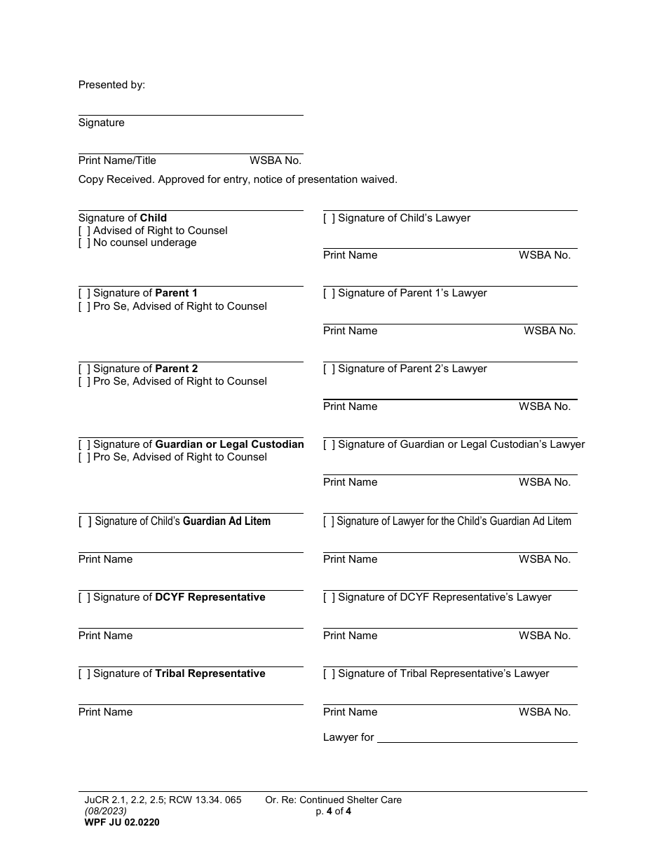 Form WPF JU02.0220 Order Regarding Continued Shelter Care (Oacsc) - Washington, Page 4