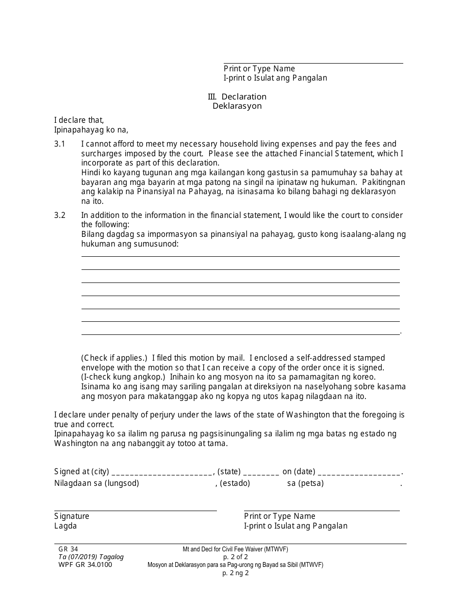 Form WPF GR34.0100 Motion and Declaration for Waiver of Civil Fees and Surcharges (Mtwvf) - Washington (English / Tagalog), Page 2