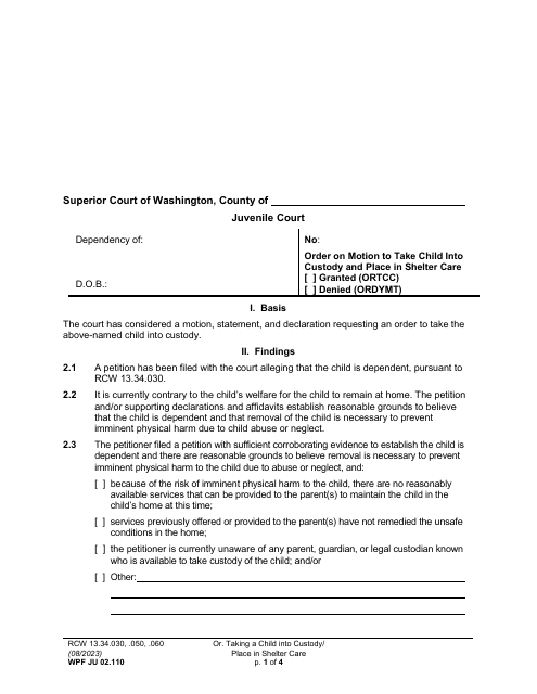 Form WPF JU02.110 Order to Take Child Into Custody and Place in Shelter Care (Ortcc) - Washington