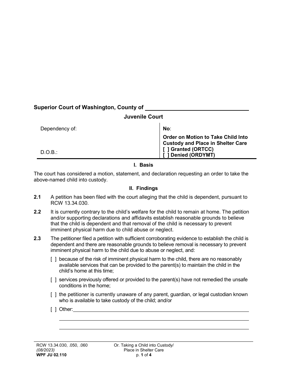 Form WPF JU02.110 Order to Take Child Into Custody and Place in Shelter Care (Ortcc) - Washington, Page 1