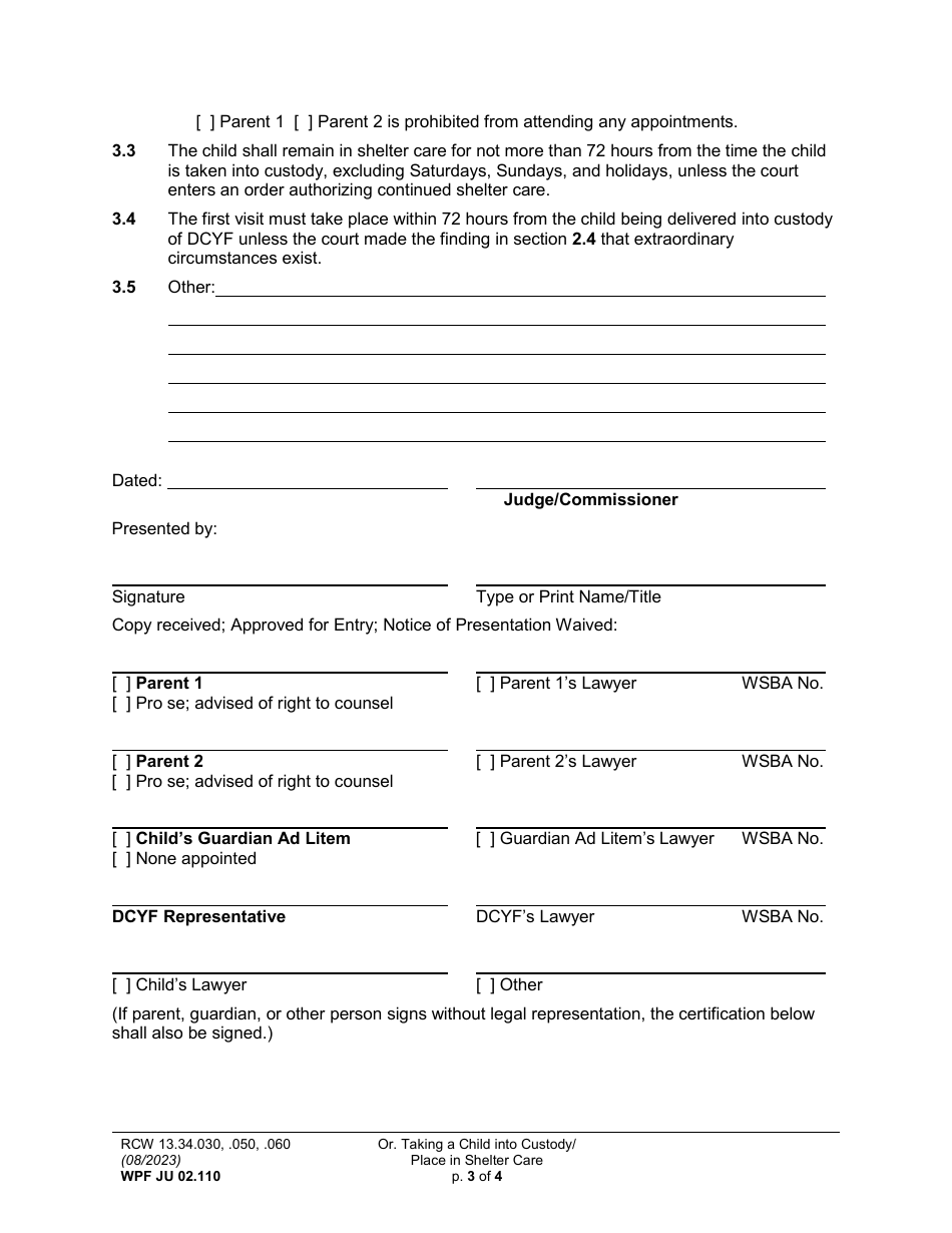Form WPF JU02.110 Order to Take Child Into Custody and Place in Shelter Care (Ortcc) - Washington, Page 3