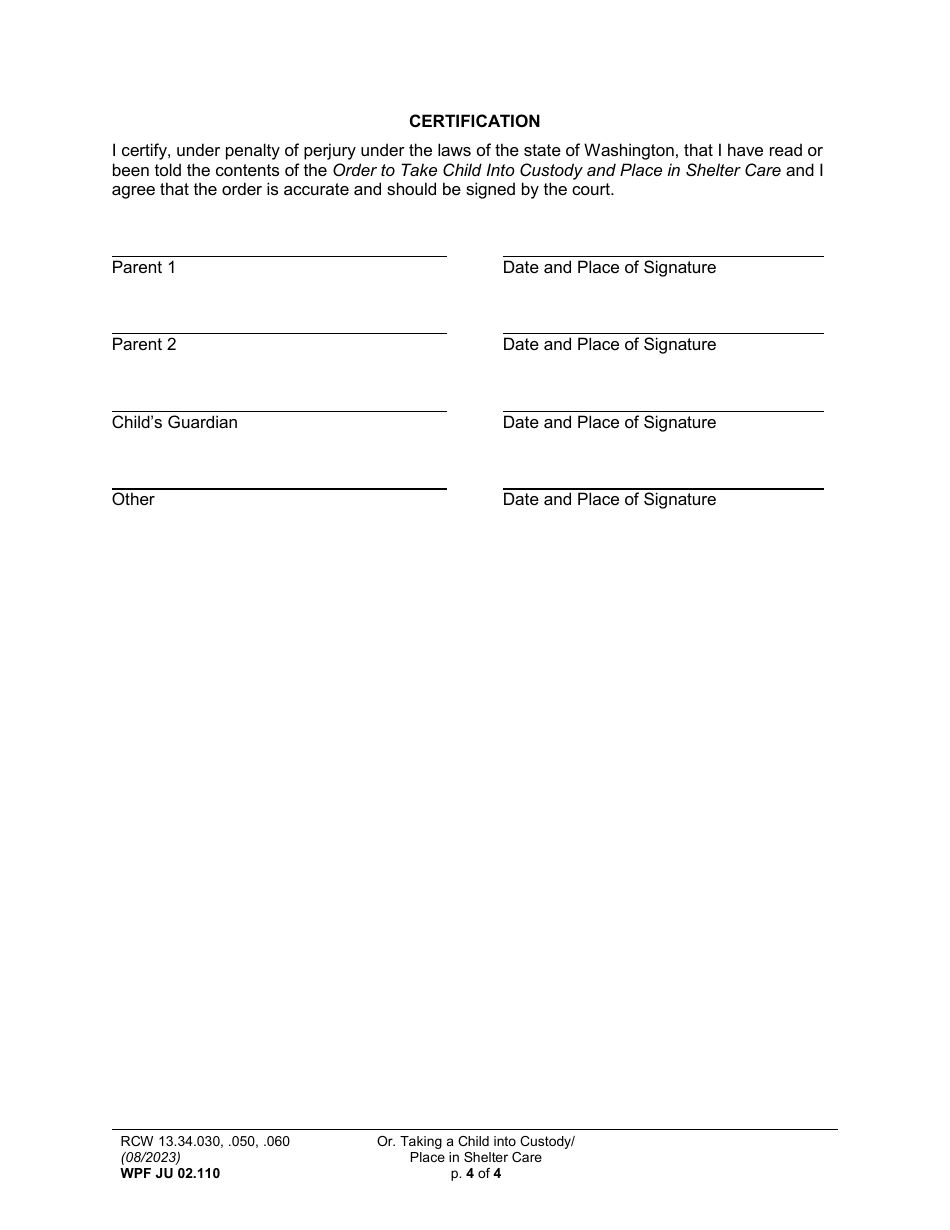 Form WPF JU02.110 Order to Take Child Into Custody and Place in Shelter Care (Ortcc) - Washington, Page 4