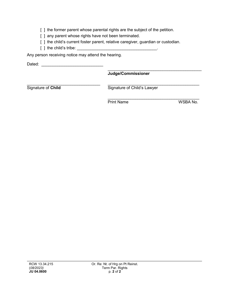 Form JU04.0600 Order Re Notice of Hearing on Petition for Reinstatement of Terminated Parental Rights (Or) - Washington, Page 2