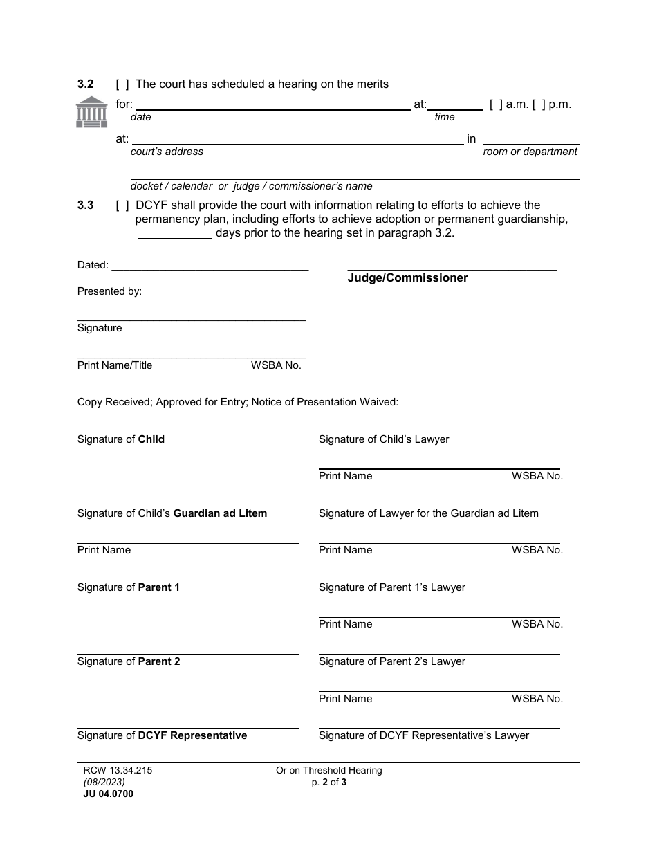 Form JU04.0700 Order on Threshold Hearing (Petition for Reinstatement of Terminated Parental Rights) (Ordsm) (Orh) - Washington, Page 2