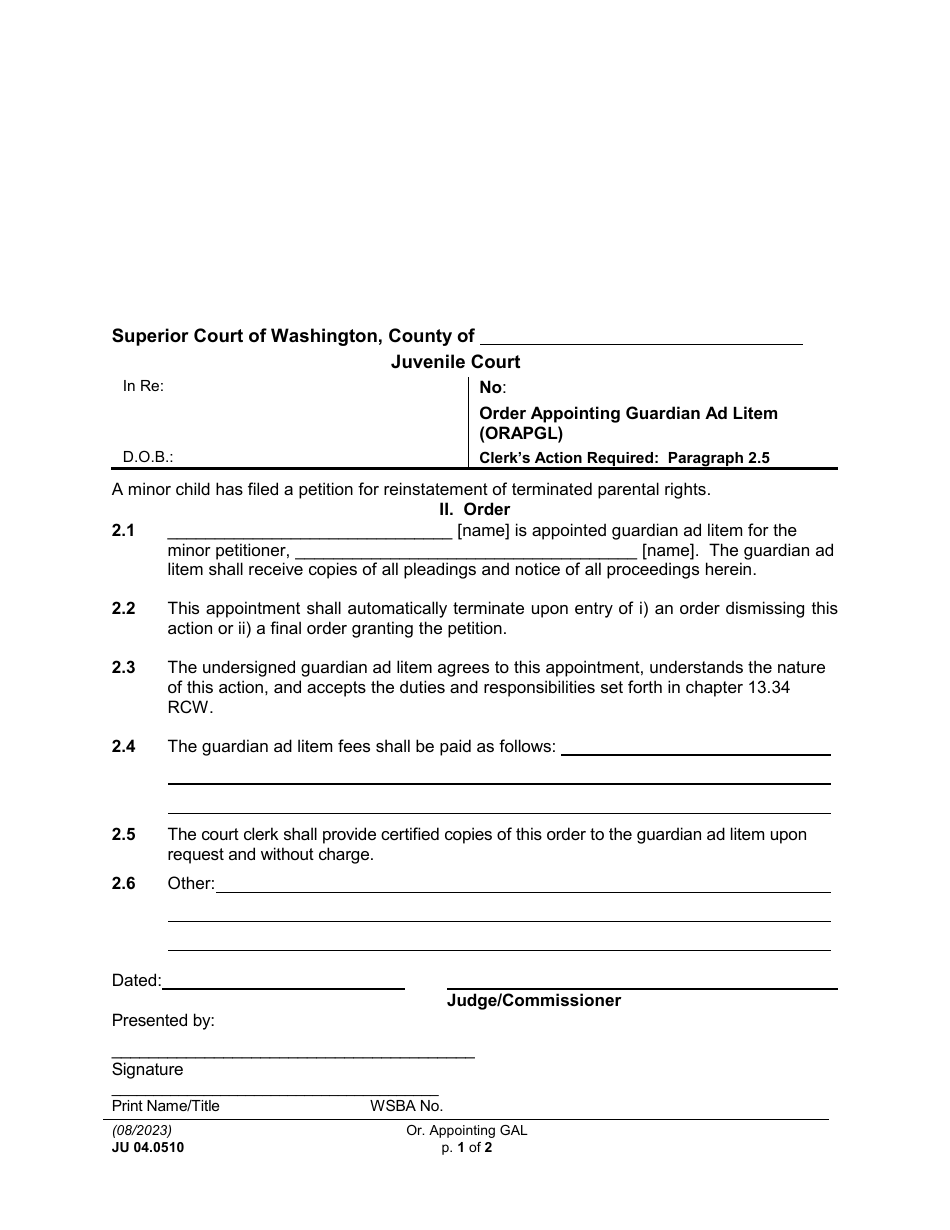 Form JU04.0510 Order Appointing Guardian Ad Litem (Orapgl) - Washington, Page 1
