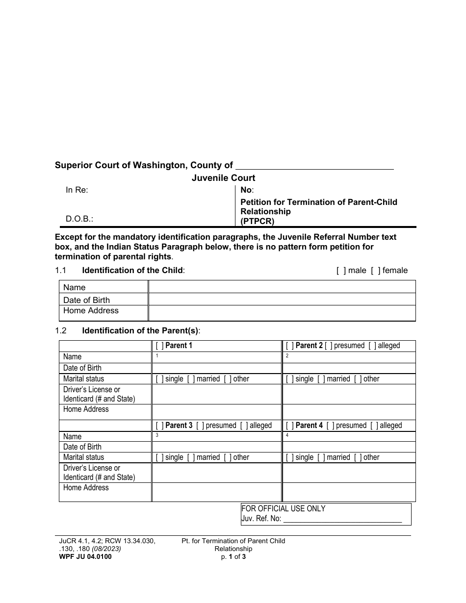 Form WPF JU04.0100 Petition for Termination of Parent-Child Relationship (Ptpcr) - Washington, Page 1