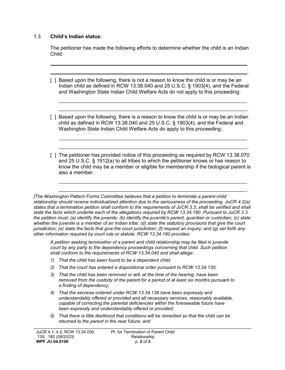Form WPF JU04.0100 Petition for Termination of Parent-Child Relationship (Ptpcr) - Washington, Page 2