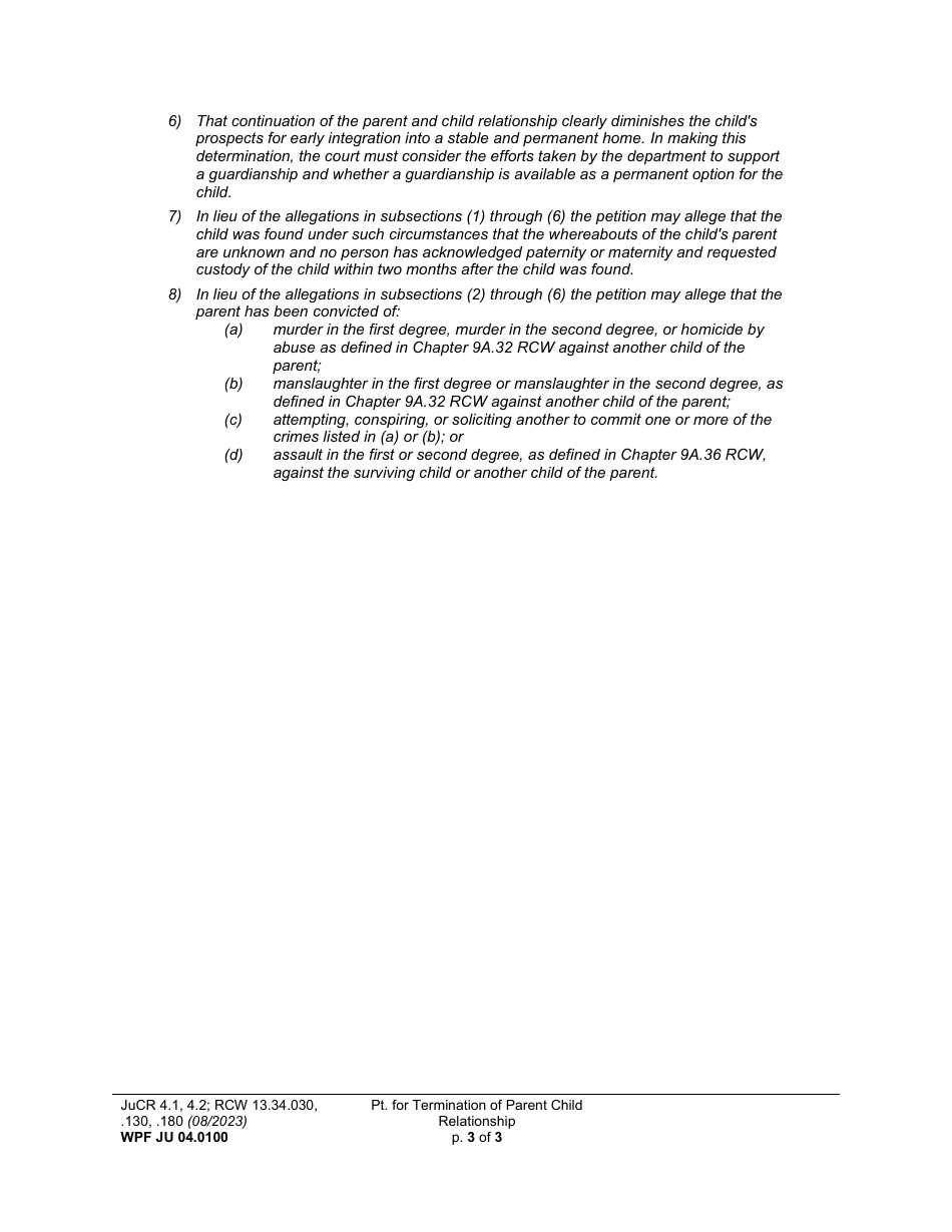 Form WPF JU04.0100 Petition for Termination of Parent-Child Relationship (Ptpcr) - Washington, Page 3