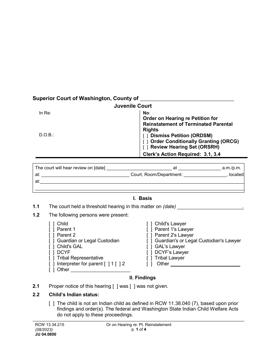 Form JU04.0800 Order on Hearing Re Petition for Reinstatement of Terminated Parental Rights - Washington, Page 1