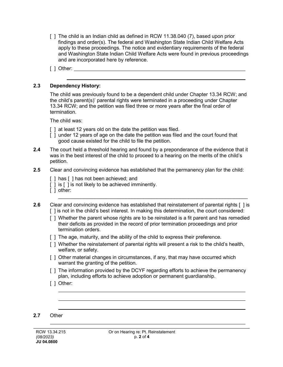 Form JU04.0800 Order on Hearing Re Petition for Reinstatement of Terminated Parental Rights - Washington, Page 2