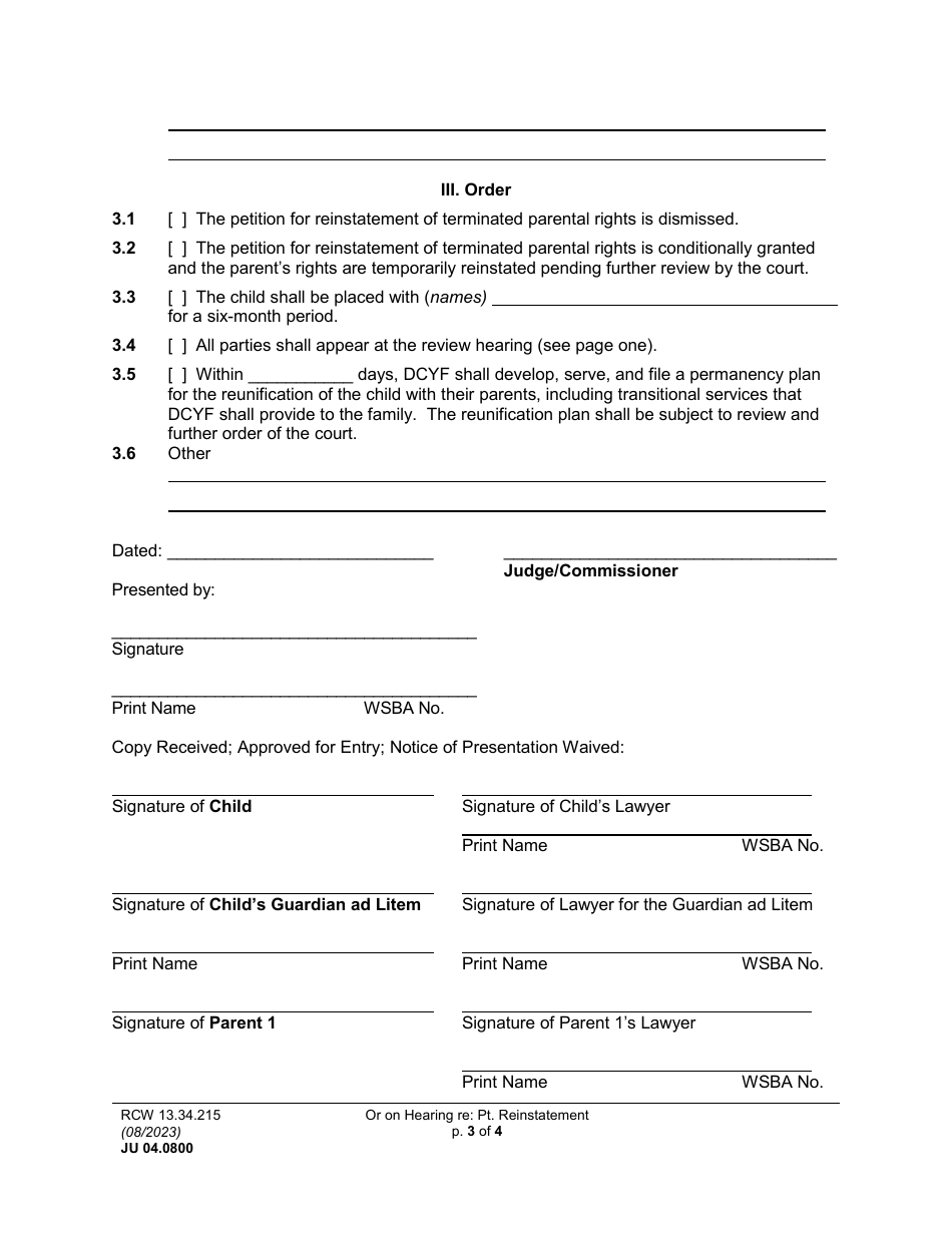 Form JU04.0800 Order on Hearing Re Petition for Reinstatement of Terminated Parental Rights - Washington, Page 3