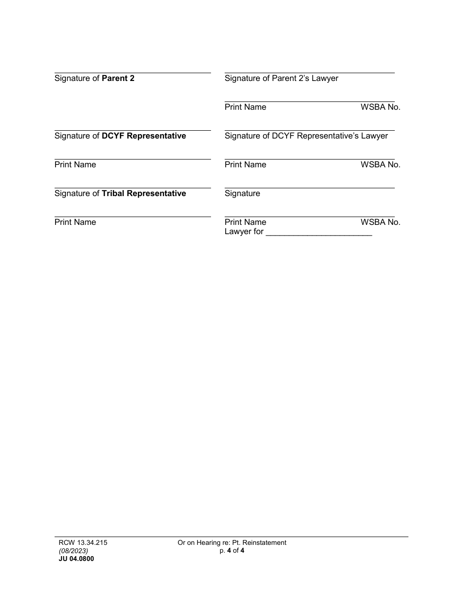 Form JU04.0800 Order on Hearing Re Petition for Reinstatement of Terminated Parental Rights - Washington, Page 4