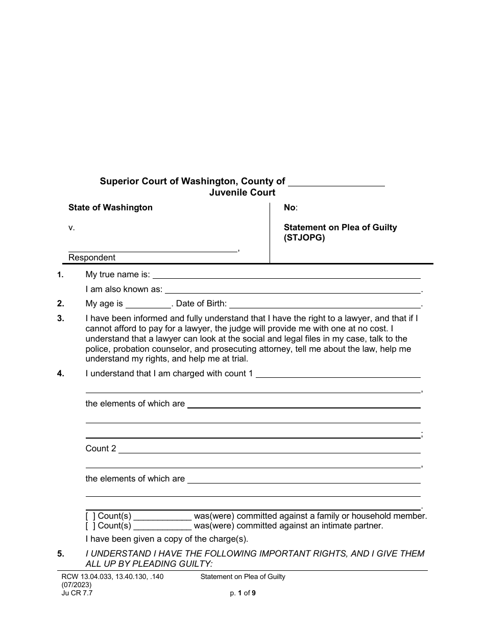 Form JuCR7.7 Download Printable PDF or Fill Online Statement on Plea of ...