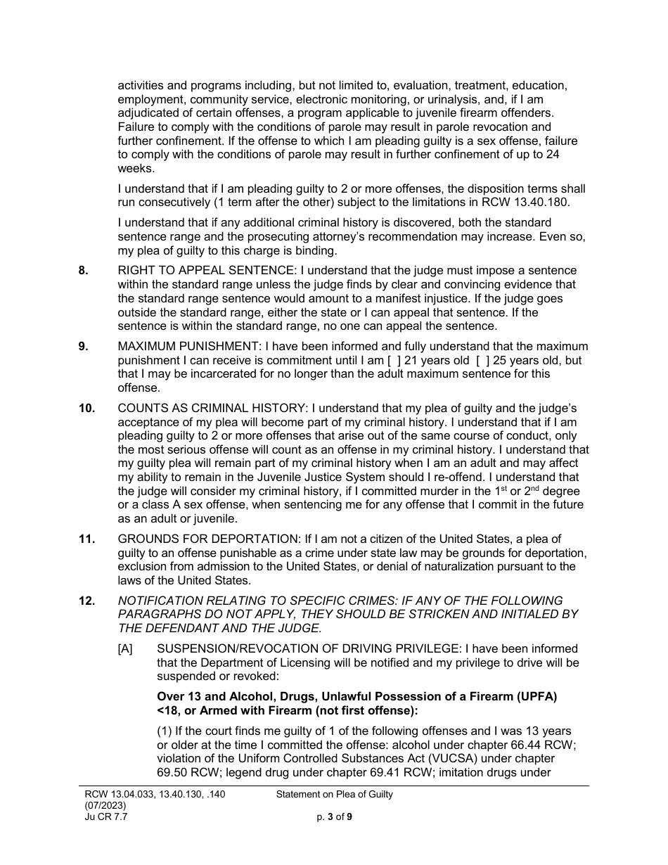 Form JuCR7.7 Statement on Plea of Guilty (Stjopg) - Washington, Page 3