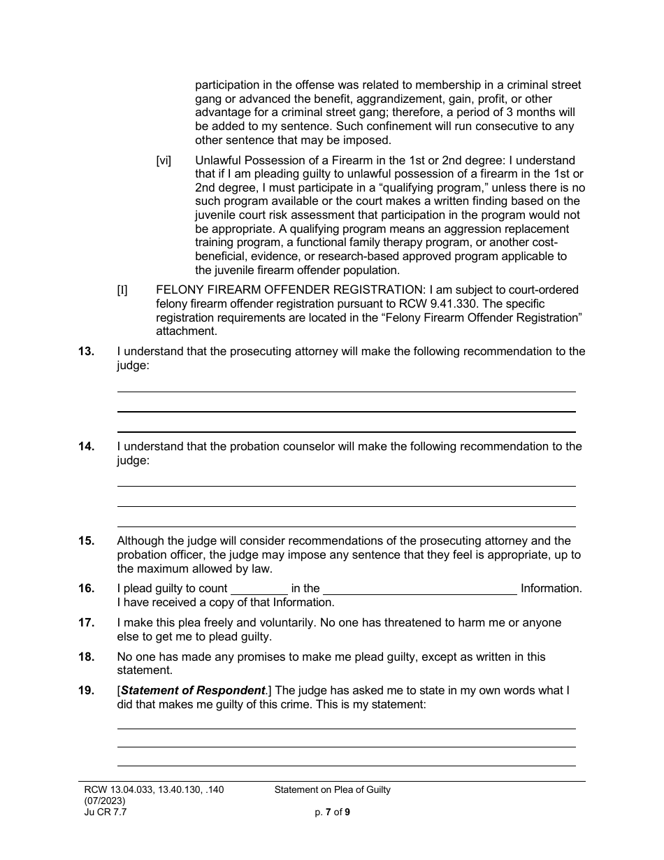 Form JuCR7.7 Statement on Plea of Guilty (Stjopg) - Washington, Page 7