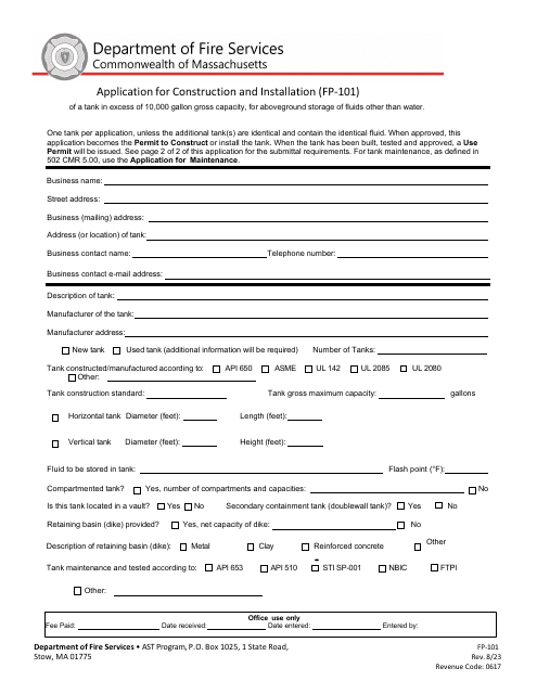 Form FP-101 Application for Construction and Installation - Massachusetts
