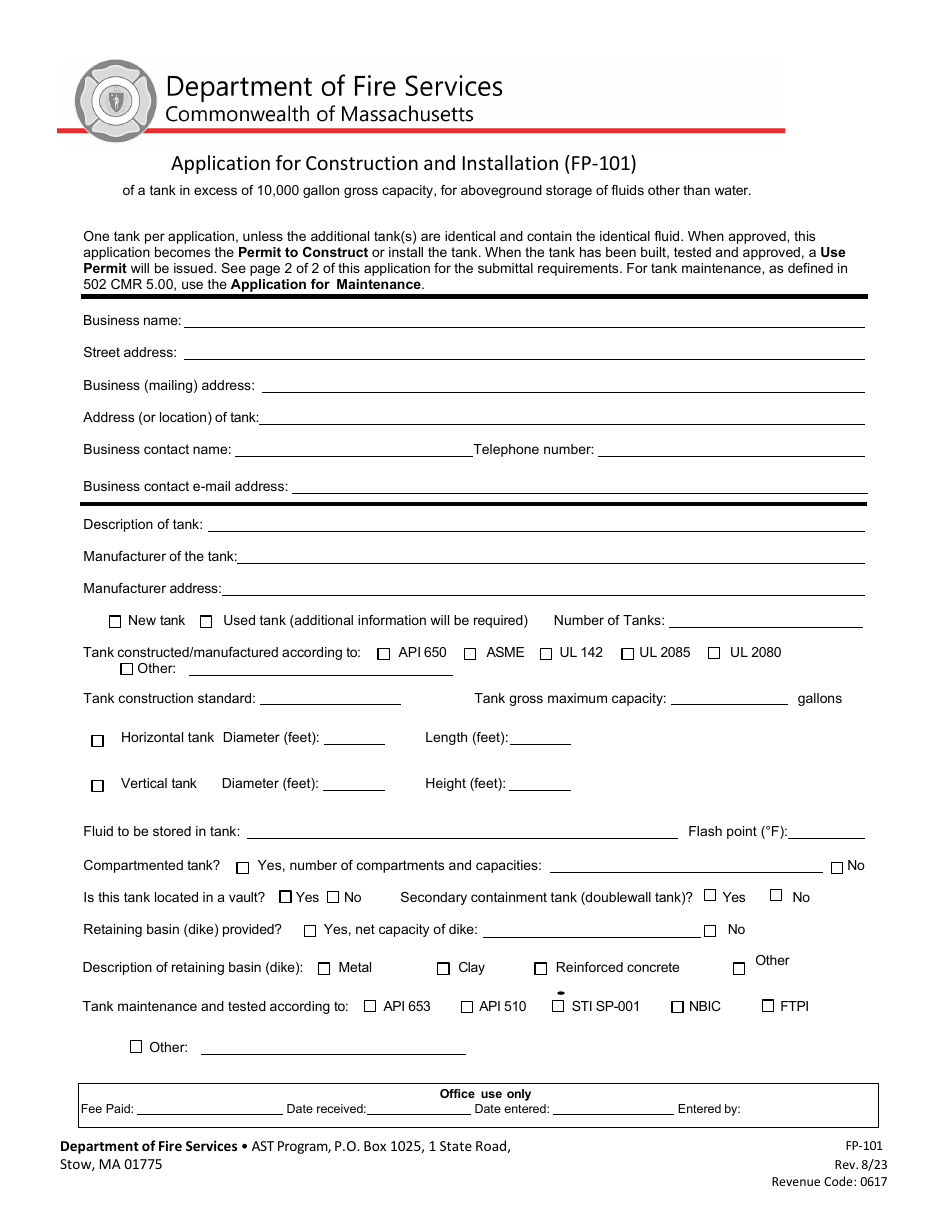 Form FP-101 Application for Construction and Installation - Massachusetts, Page 1