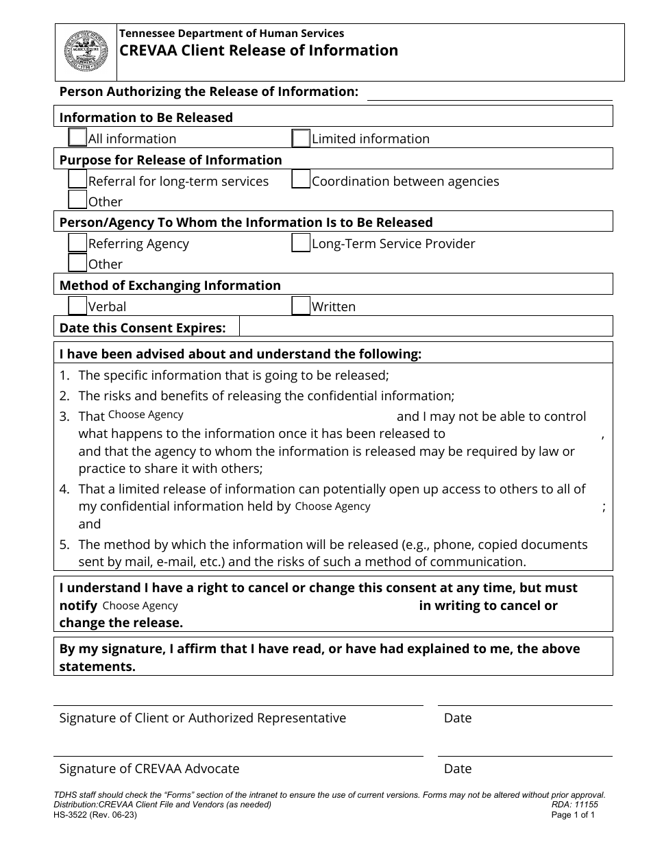Form HS-3522 Crevaa Client Release of Information - Tennessee, Page 1