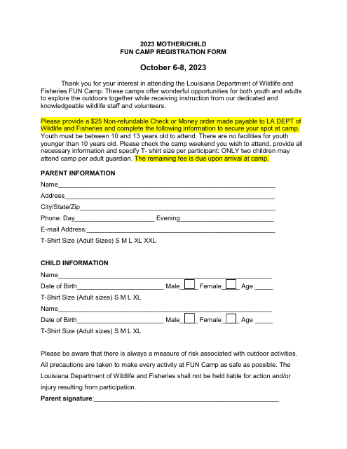 Mother/Child Fun Camp Registration Form - Louisiana, 2023
