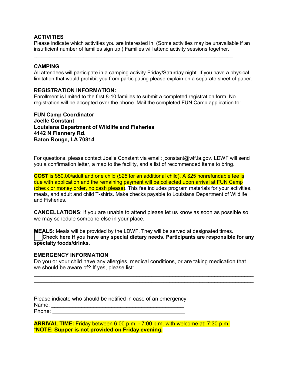 Mother / Child Fun Camp Registration Form - Louisiana, Page 2