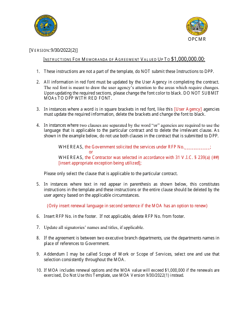 Memorandum of Agreement (For Agreements up to $1,000,000.00) - Virgin Islands