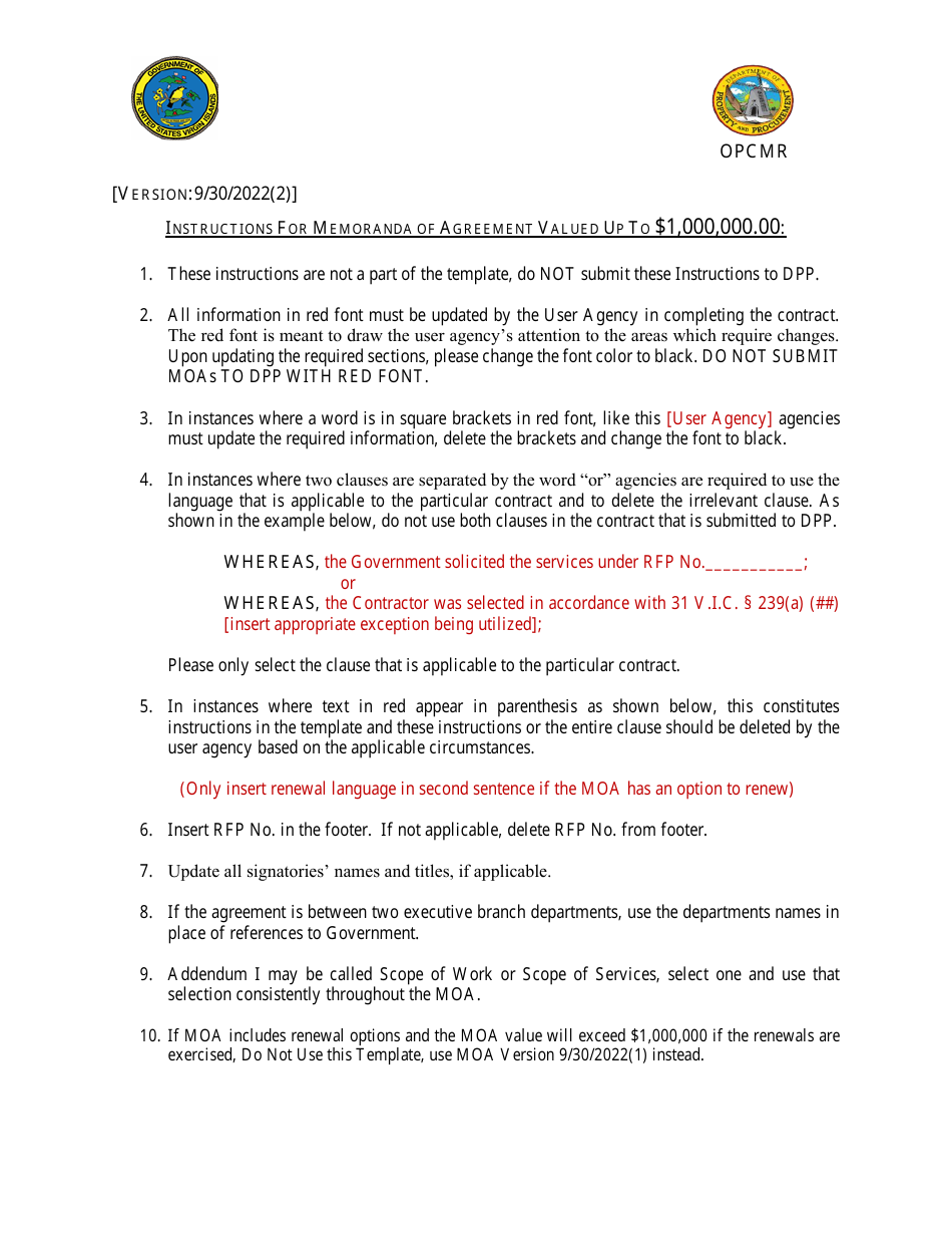 Memorandum of Agreement (For Agreements up to $1,000,000.00) - Virgin Islands, Page 1