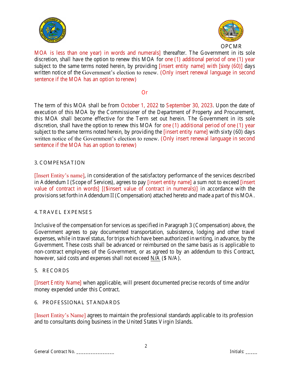 Memorandum of Agreement (For Agreements up to $1,000,000.00) - Virgin Islands, Page 3