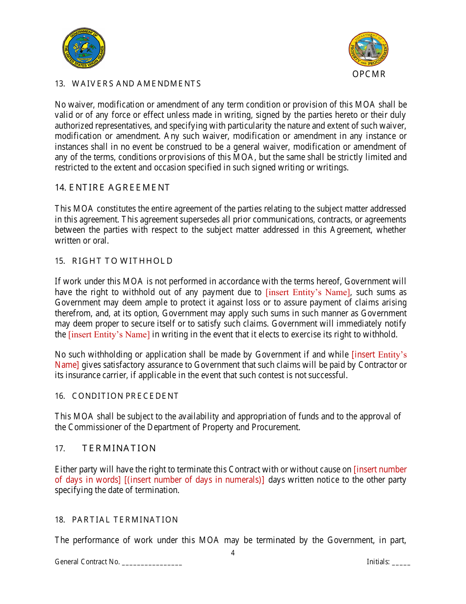 Memorandum of Agreement (For Agreements up to $1,000,000.00) - Virgin Islands, Page 5