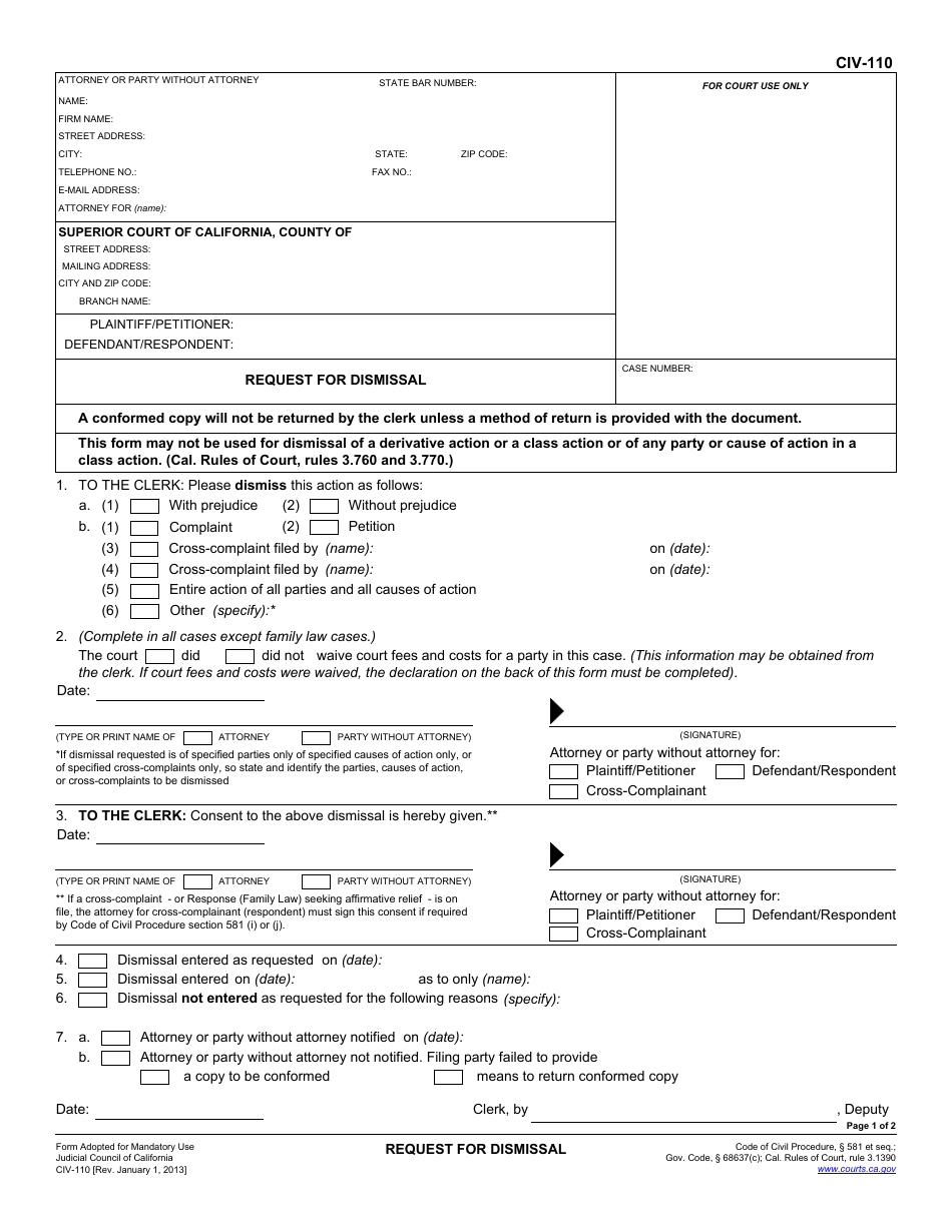 Form CIV-110 Request for Dismissal - California, Page 1