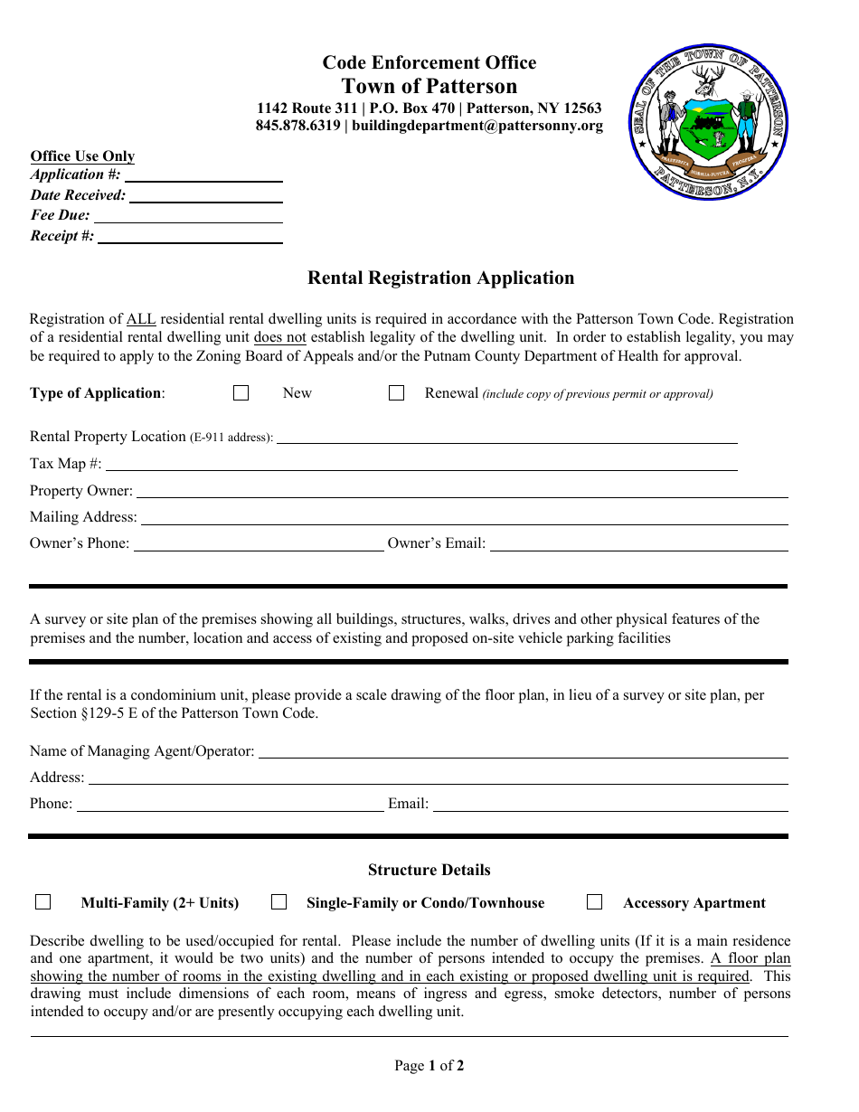 Rental Registration Application - Town of Patterson, New York, Page 1