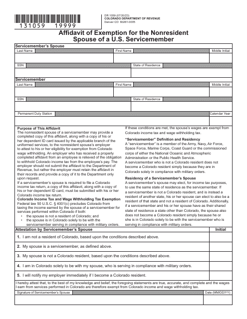 Form DR1059 Affidavit of Exemption for the Nonresident Spouse of a U.S. Servicemember - Colorado