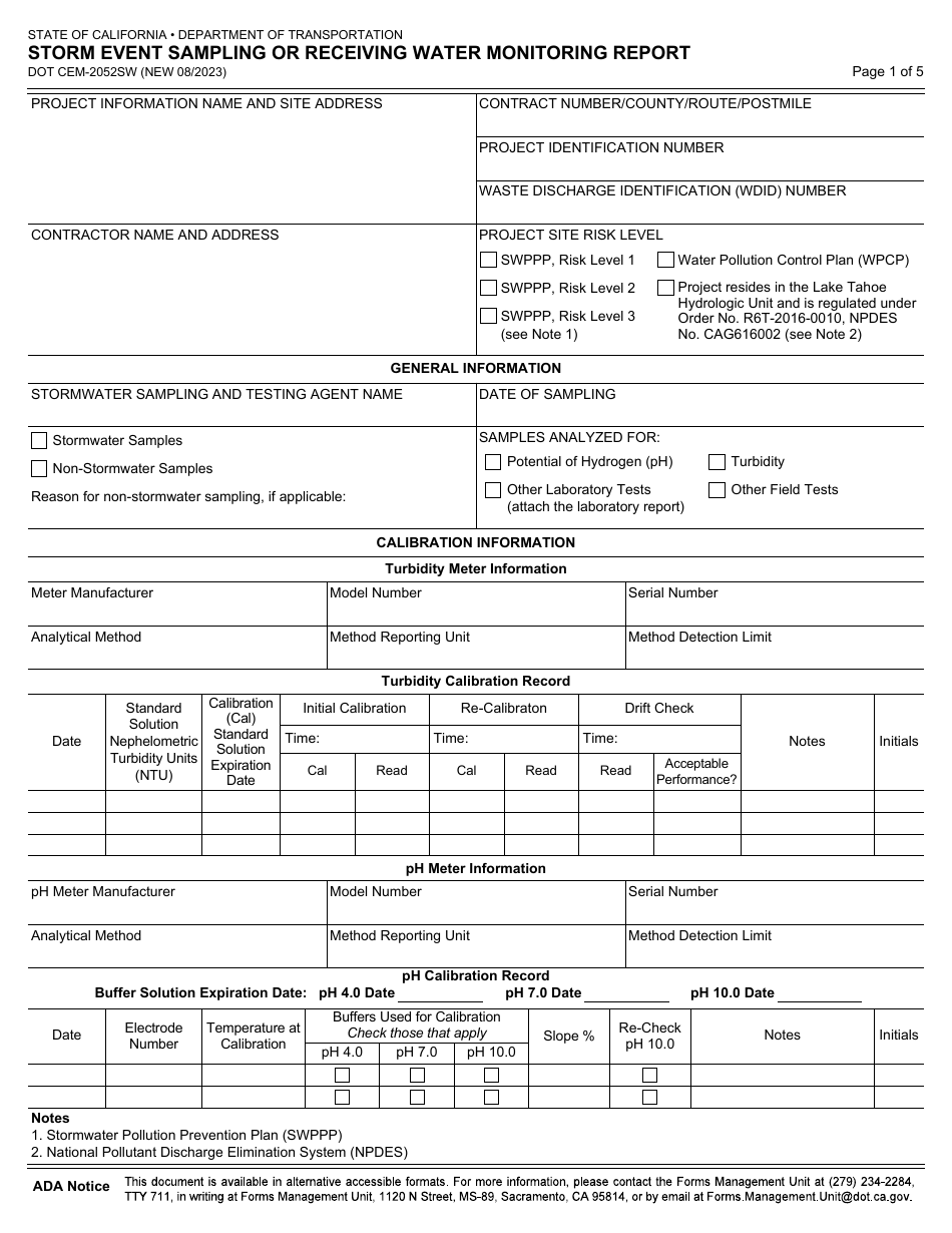 Form DOT CEM-2052SW Storm Event Sampling or Receiving Water Monitoring Report - California, Page 1
