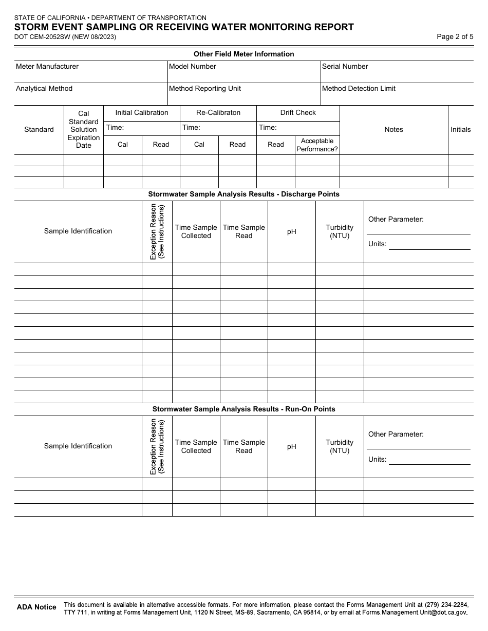 Form DOT CEM-2052SW Storm Event Sampling or Receiving Water Monitoring Report - California, Page 2