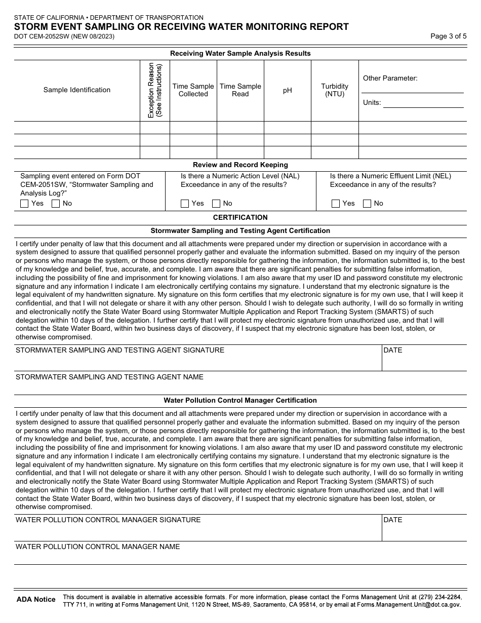Form DOT CEM-2052SW Storm Event Sampling or Receiving Water Monitoring Report - California, Page 3