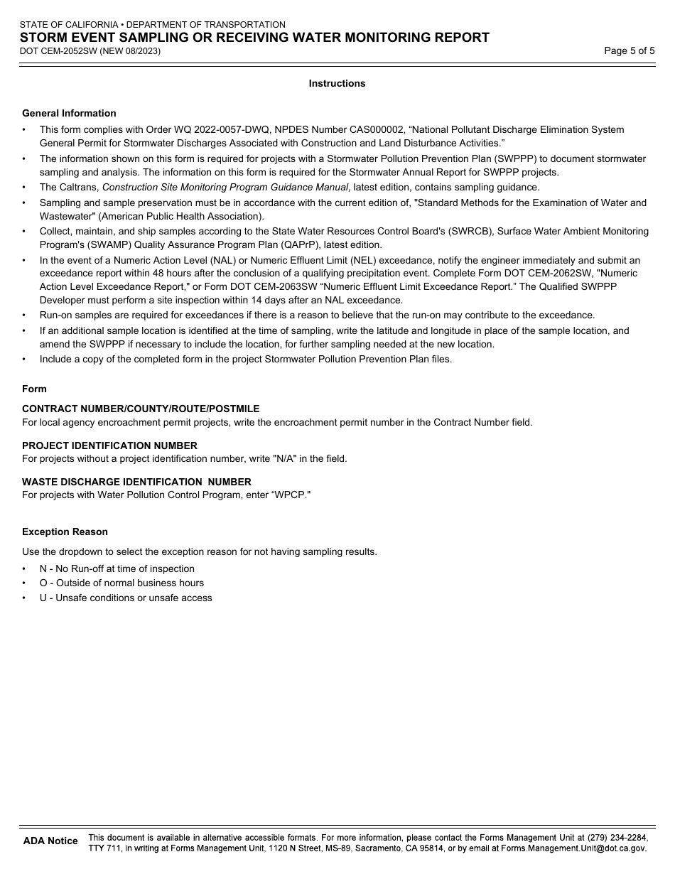 Form DOT CEM-2052SW Storm Event Sampling or Receiving Water Monitoring Report - California, Page 5